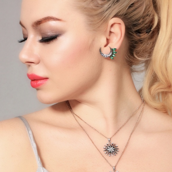 Green Leaf Crescent Moon Earrings Silver - Picture 6 of 7